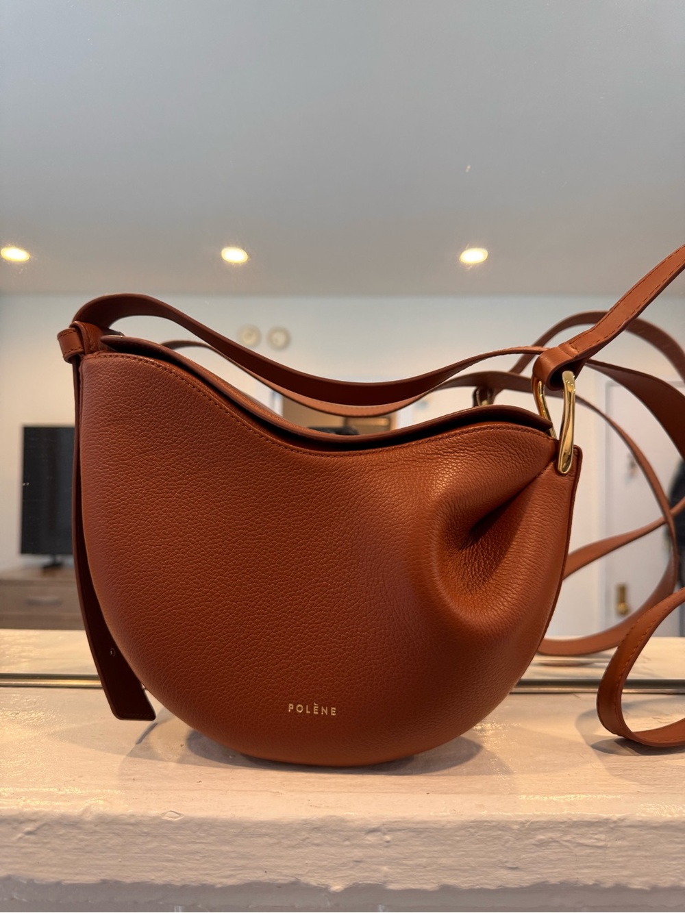 Polène Tonca Brown Cognac Curved Pebbled Leather Shoulder Bag